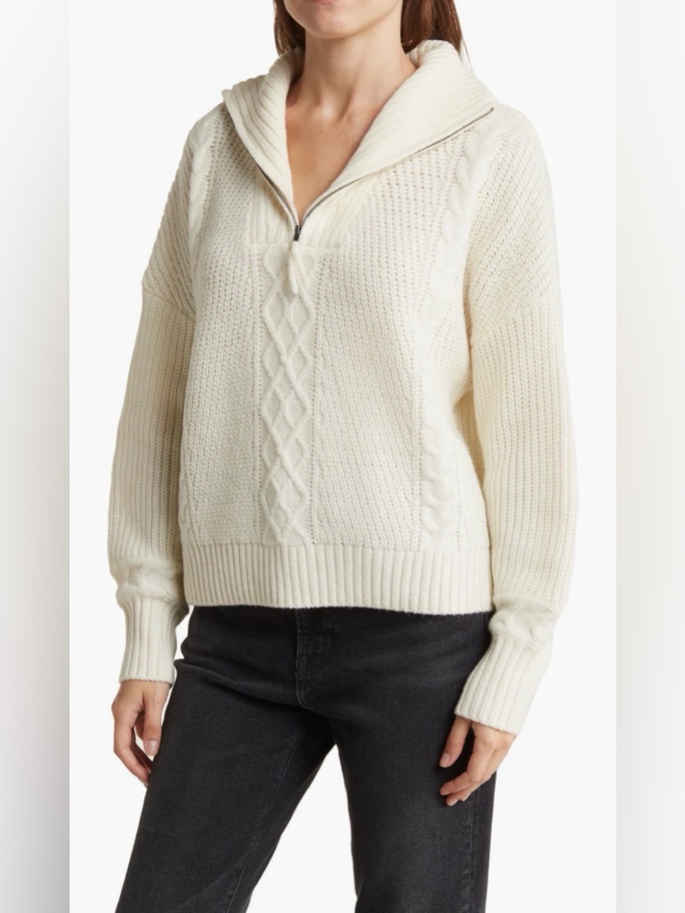 360 Cashmere Cable-Knit Half-Zip Turtleneck Sweater in Cream